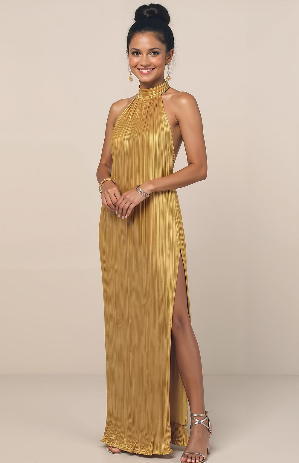 Modecrush Ruched Yellow Satin Halter A-Line Dress with Pleats