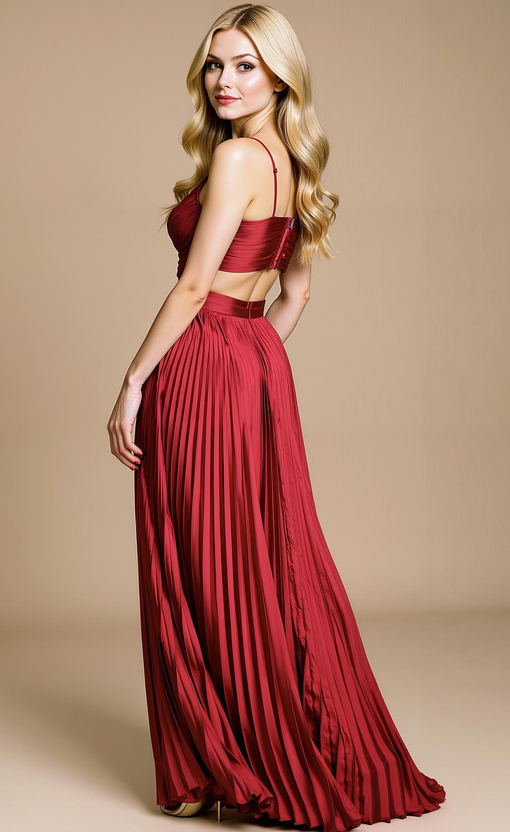 Modecrush Red Satin V-Neck A-Line Long Dress with Pleats