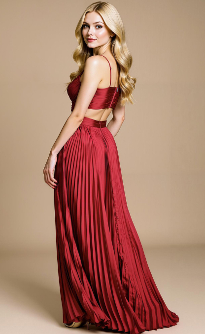 Modecrush Red Satin V-Neck A-Line Long Dress with Pleats