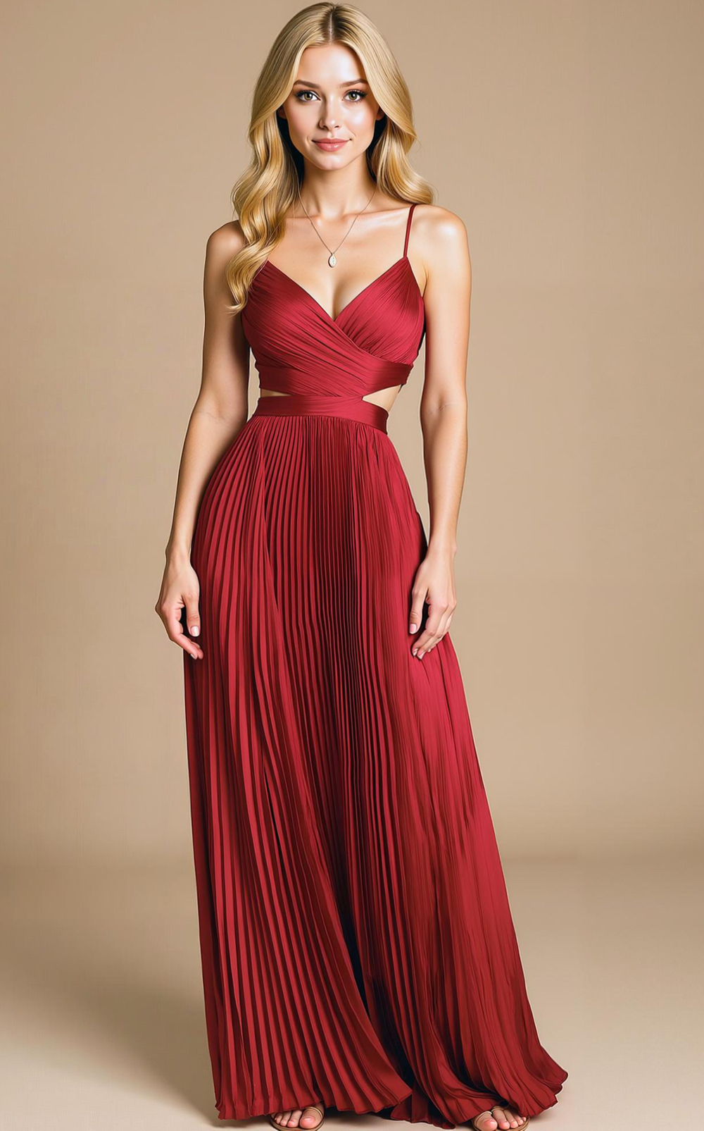 Modecrush Red Satin V-Neck A-Line Long Dress with Pleats