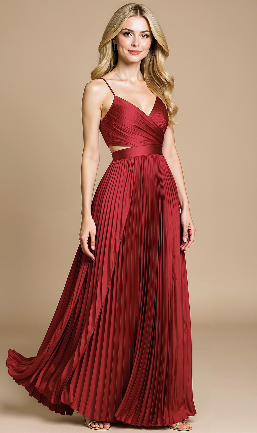 Modecrush Red Satin V-Neck A-Line Long Dress with Pleats