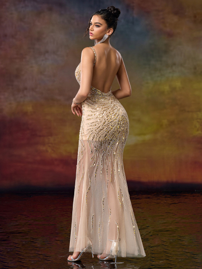Modecrush V Neck Straps Column Beaded Prom Party Dress