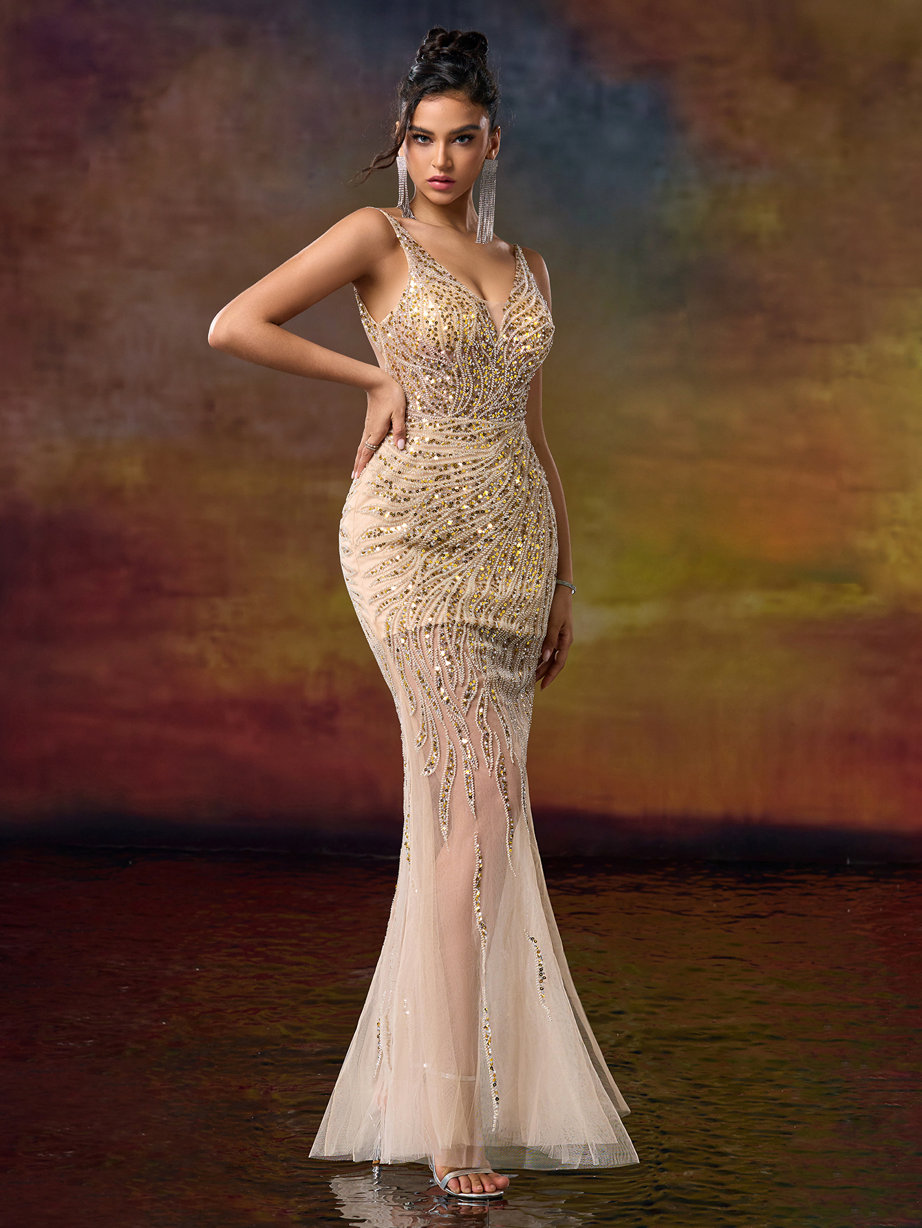 Modecrush V Neck Straps Column Beaded Prom Party Dress