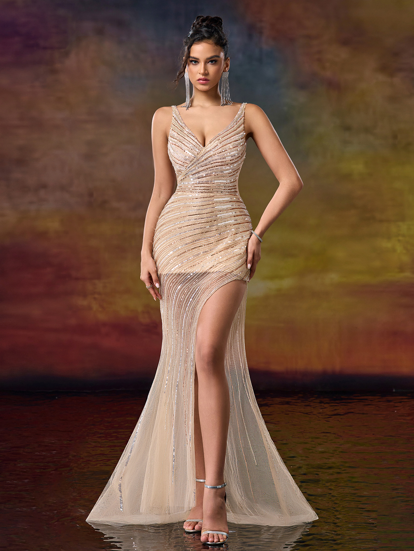 Modecrush Asymmetric V Neck Sequin Backless Prom Party Dress