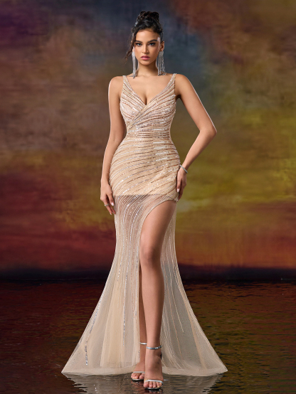 Modecrush Asymmetric V Neck Sequin Backless Prom Party Dress