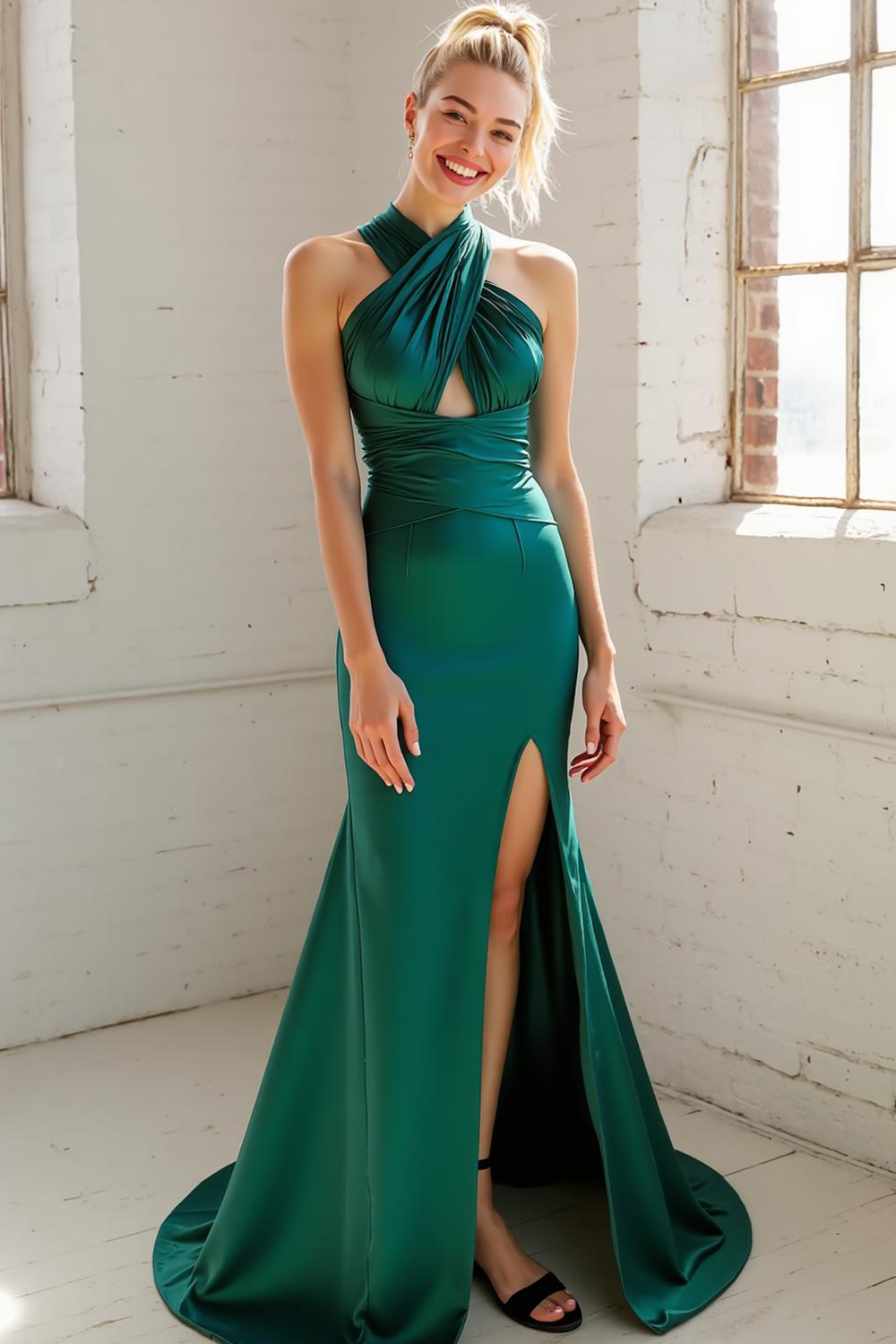 Dark Green Halter Lace Up Mermaid Prom Dress With Slit