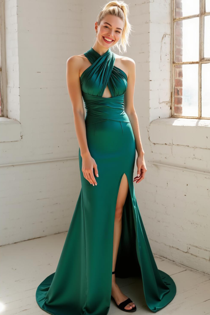 Dark Green Halter Lace Up Mermaid Prom Dress With Slit