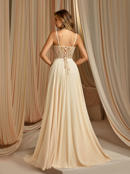 Modecrush Split Thigh beaded Prom Dress with spaghetti straps, Front Slit Backless Tied Formal Gown For Banquet Party Events, Party Dress Elegant Formal Evening Wedding Guest Gown, For Graduation, Dinner Party Dress