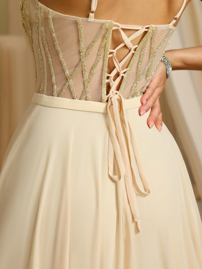 Modecrush Split Thigh beaded Prom Dress with spaghetti straps, Front Slit Backless Tied Formal Gown For Banquet Party Events, Party Dress Elegant Formal Evening Wedding Guest Gown, For Graduation, Dinner Party Dress