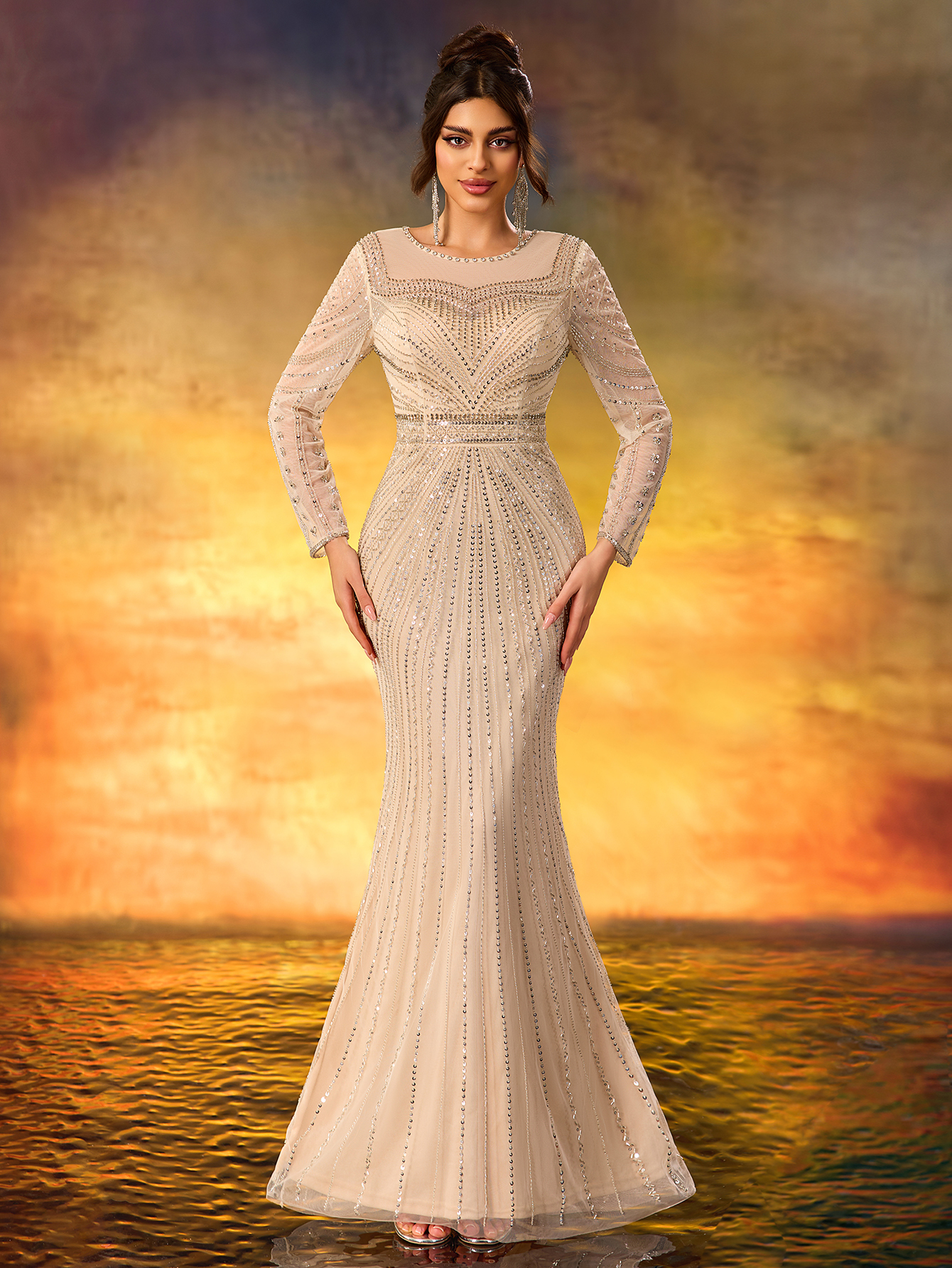 Modecrush Champagne Sequin Long - Sleeve Mermaid Gown, Mesh - Paneled Round Neck Design, Waist - Cinching Cut, Ideal for Elegant, Luxurious and Retro - Inspired Occasions like Galas and Balls