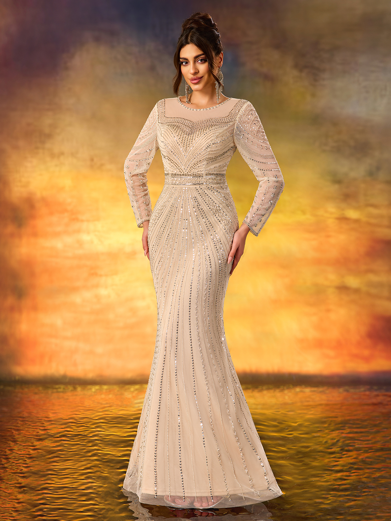 Modecrush Champagne Sequin Long - Sleeve Mermaid Gown, Mesh - Paneled Round Neck Design, Waist - Cinching Cut, Ideal for Elegant, Luxurious and Retro - Inspired Occasions like Galas and Balls
