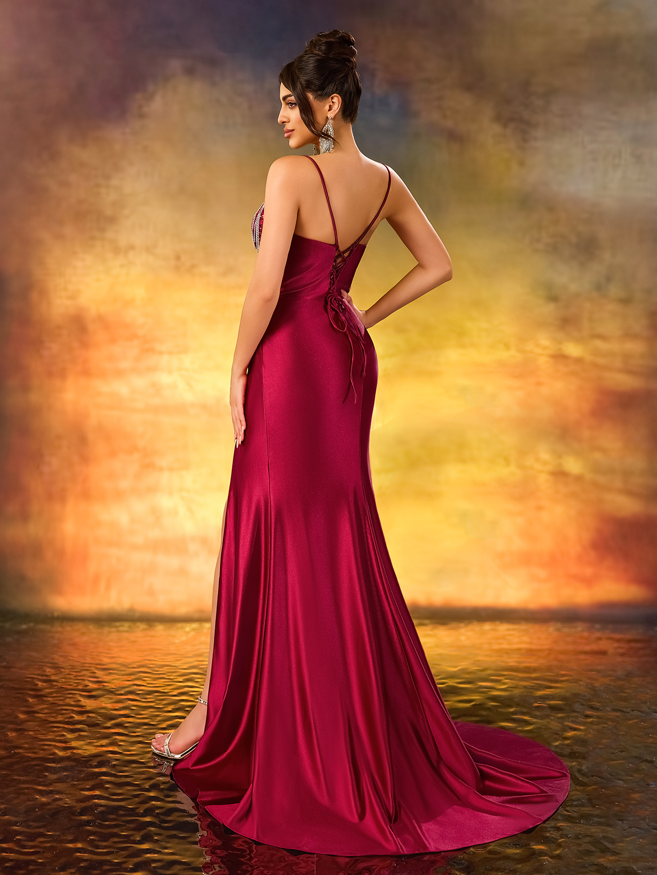 Modecrush Elegant Beaded Sweetheart Neck Dress,Burgundy Glitter Fringe Spaghetti Strap Prom Gown