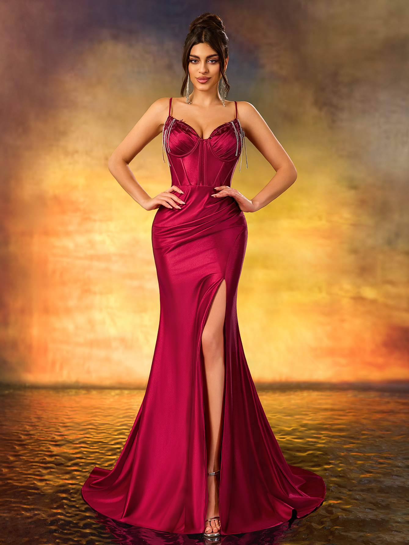 Modecrush Elegant Beaded Sweetheart Neck Dress,Burgundy Glitter Fringe Spaghetti Strap Prom Gown