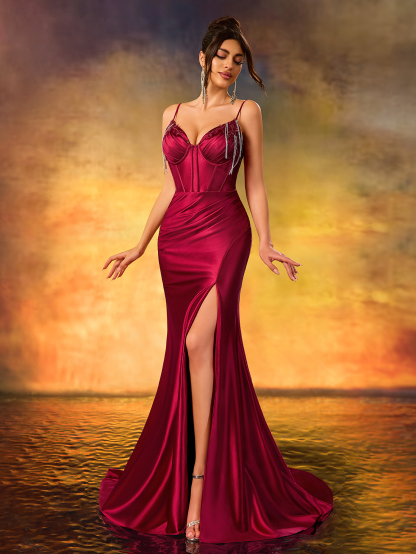 Modecrush Elegant Beaded Sweetheart Neck Dress,Burgundy Glitter Fringe Spaghetti Strap Prom Gown