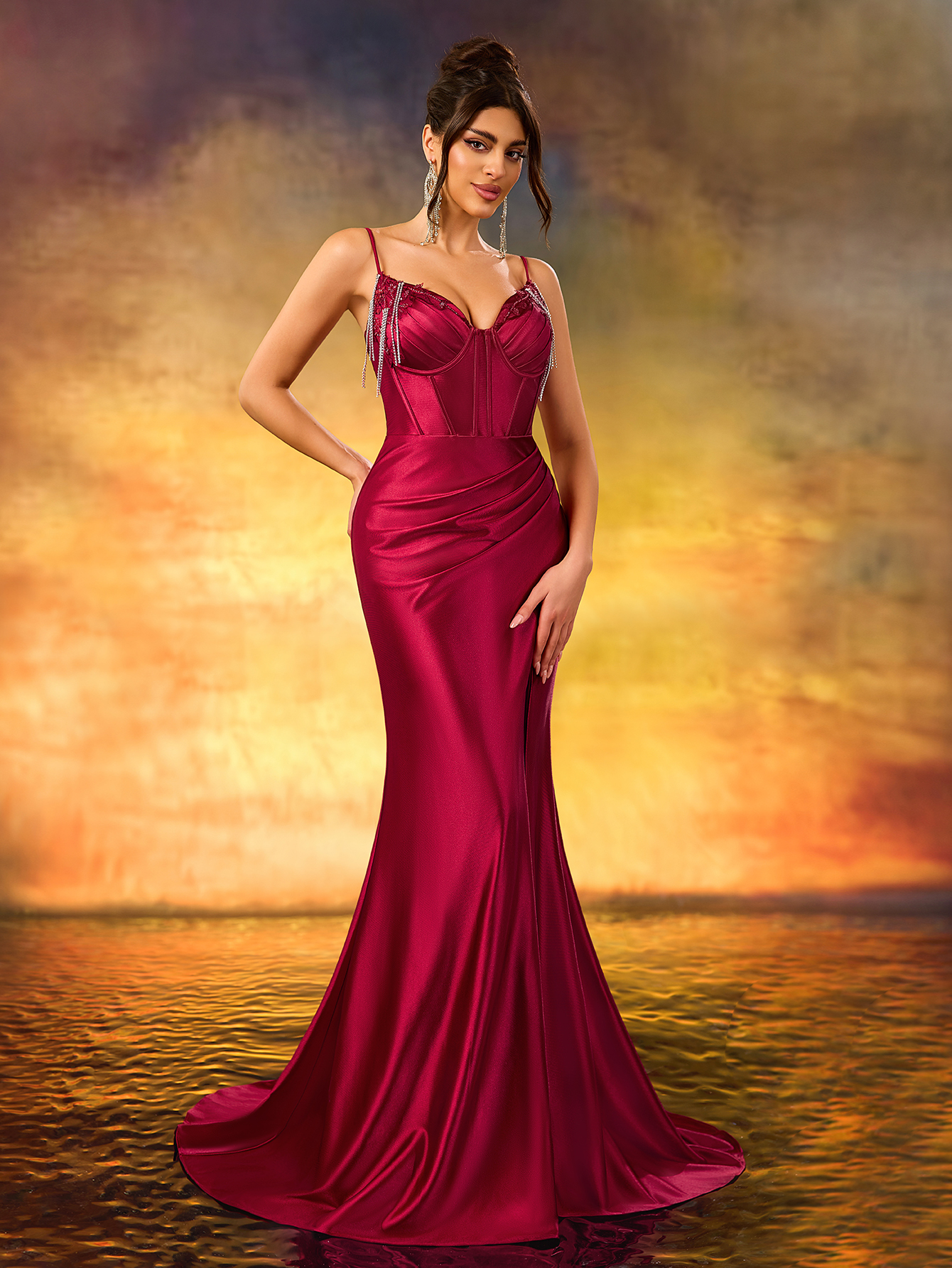 Modecrush Elegant Beaded Sweetheart Neck Dress,Burgundy Glitter Fringe Spaghetti Strap Prom Gown