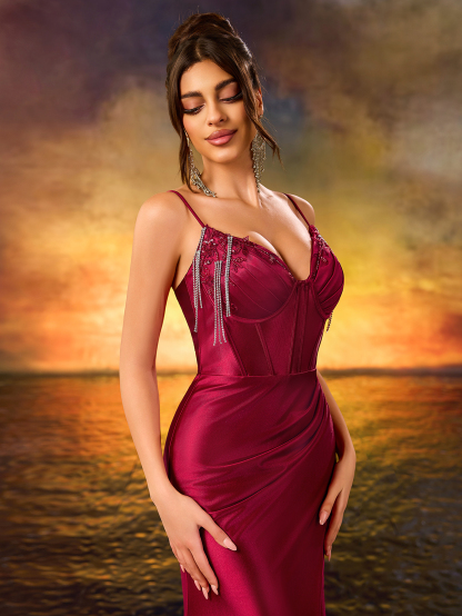 Modecrush Elegant Beaded Sweetheart Neck Dress,Burgundy Glitter Fringe Spaghetti Strap Prom Gown