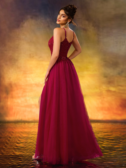 Women's Beaded V-Neck A Swing Evening Gown Elegant Tulle Party Dress For Wedding Guest,Party, Evening