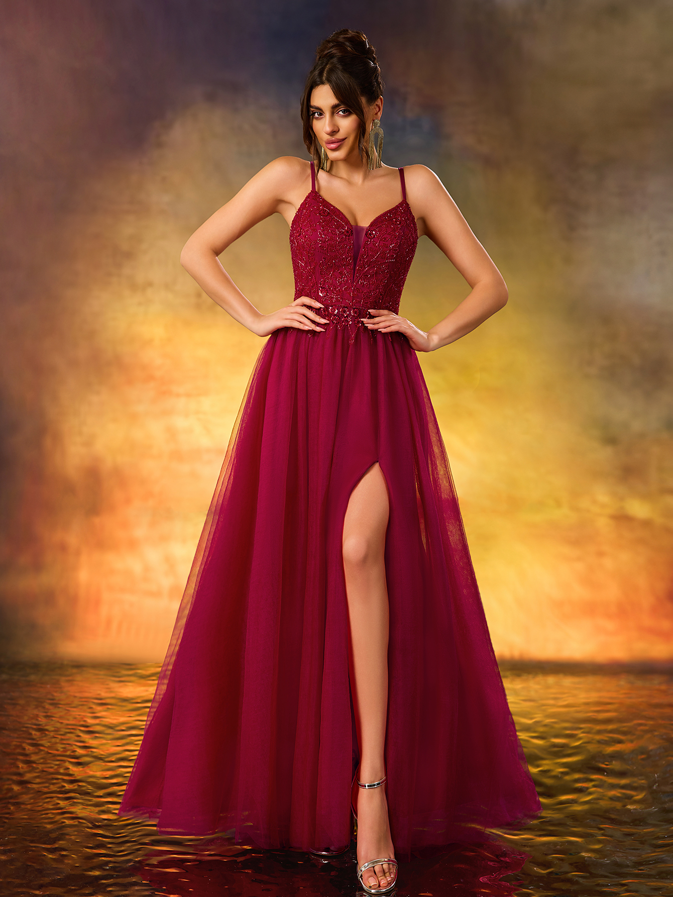 Women's Beaded V-Neck A Swing Evening Gown Elegant Tulle Party Dress For Wedding Guest,Party, Evening