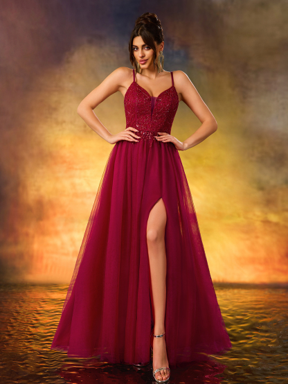 Women's Beaded V-Neck A Swing Evening Gown Elegant Tulle Party Dress For Wedding Guest,Party, Evening