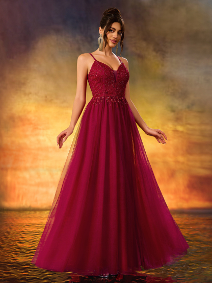 Women's Beaded V-Neck A Swing Evening Gown Elegant Tulle Party Dress For Wedding Guest,Party, Evening