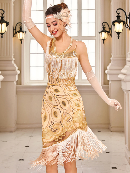 1920s Gatsby Champagne Dress for Cocktail Party, Beaded and Embellished Retro Style Party Gown, Irregular Tassel Hem