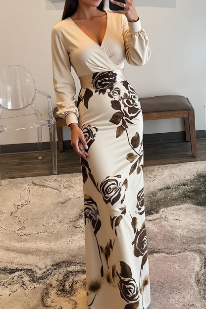 Modecrush Floral Champagne Sheath V-Neck Long Sleeve Formal Dress 