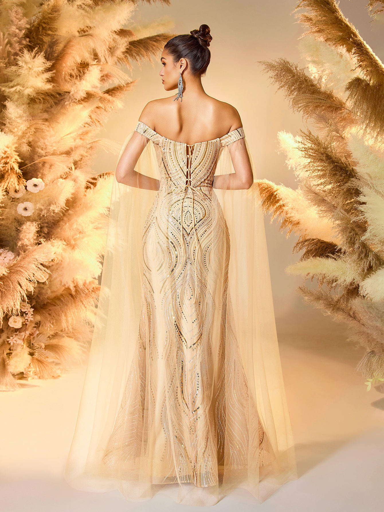 Modecrush Sparkling Beaded Mermaid Evening Dress for Wedding Guest Formal Party Elegant Off-Shoulder Slim-Fit Gown