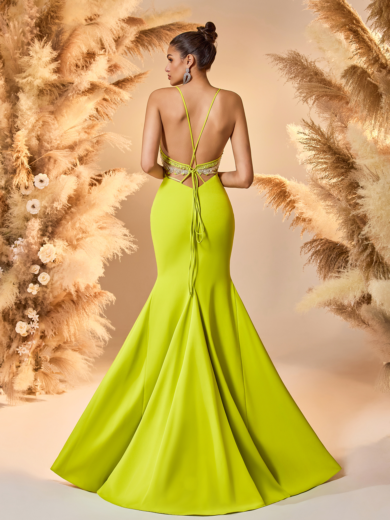 Modecrush mermaid Scoop Neckline Prom Dress Yellow Spaghetti Deep V Neck Backless Prom Evening Dress