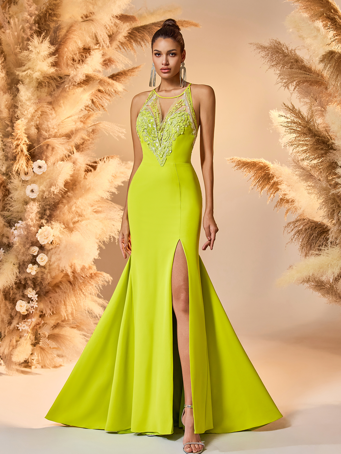 Modecrush mermaid Scoop Neckline Prom Dress Yellow Spaghetti Deep V Neck Backless Prom Evening Dress