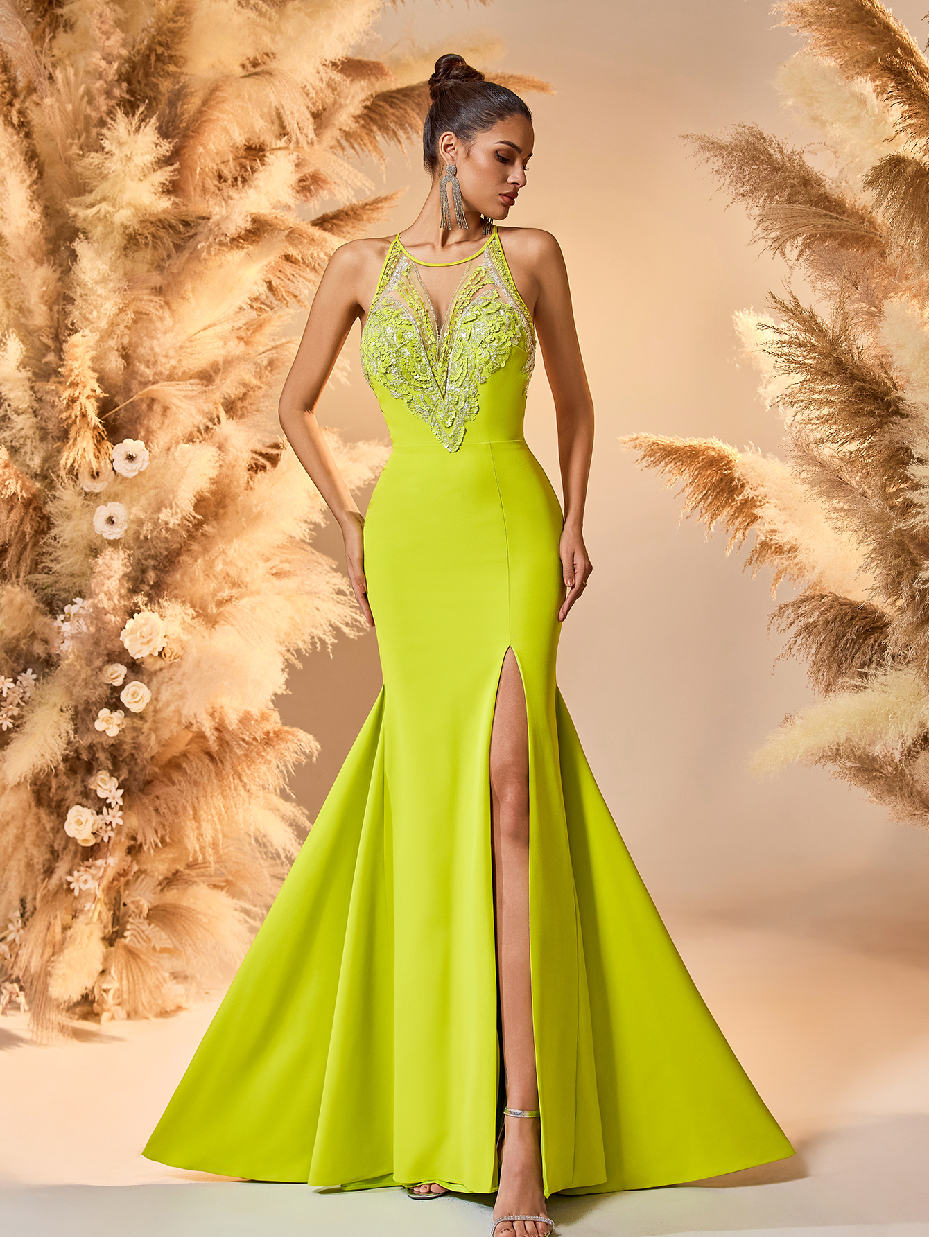 Modecrush mermaid Scoop Neckline Prom Dress Yellow Spaghetti Deep V Neck Backless Prom Evening Dress
