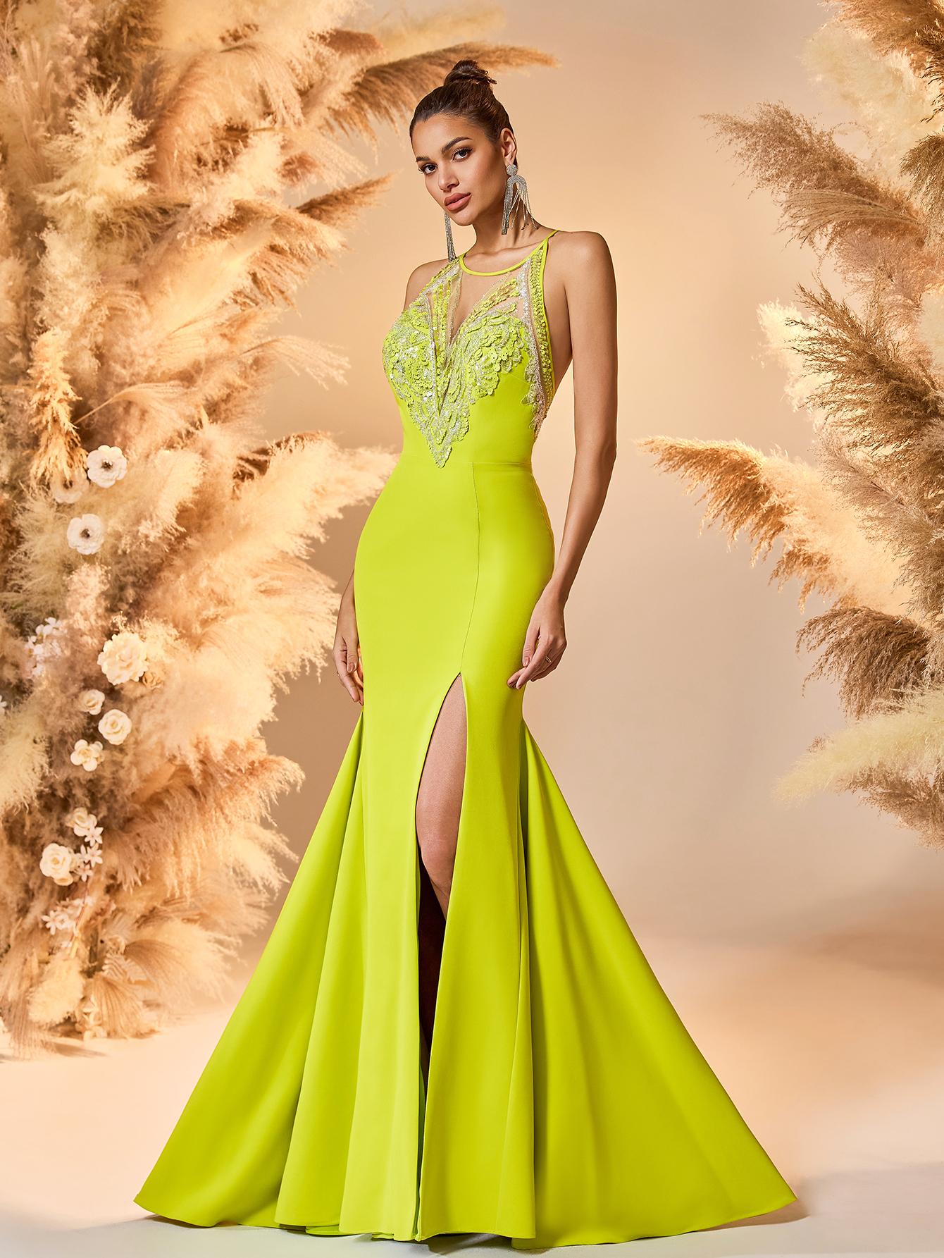 Modecrush mermaid Scoop Neckline Prom Dress Yellow Spaghetti Deep V Neck Backless Prom Evening Dress