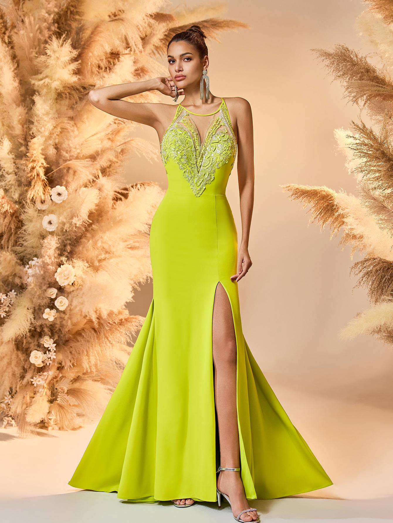 Modecrush mermaid Scoop Neckline Prom Dress Yellow Spaghetti Deep V Neck Backless Prom Evening Dress