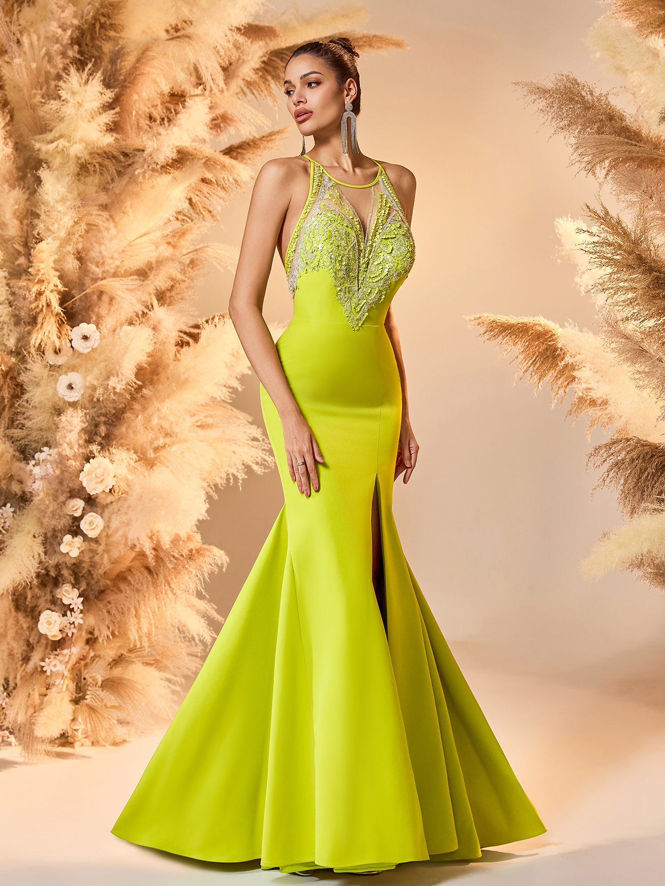 Modecrush mermaid Scoop Neckline Prom Dress Yellow Spaghetti Deep V Neck Backless Prom Evening Dress