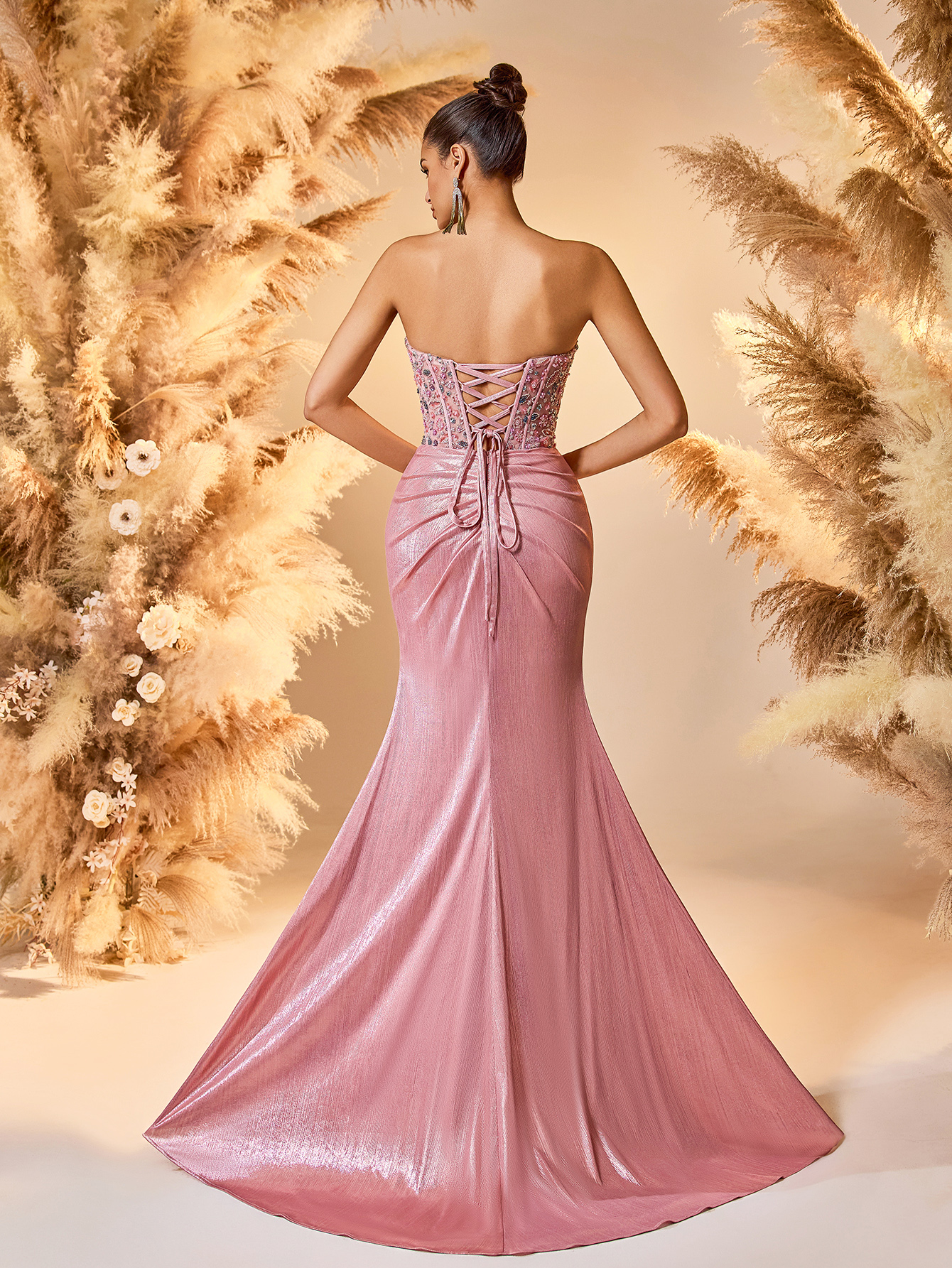 Modecrush strapless Beaded Embroidery High Split Fishtail Prom Dress Soft Pink Satin Slim Fit Evening Dress