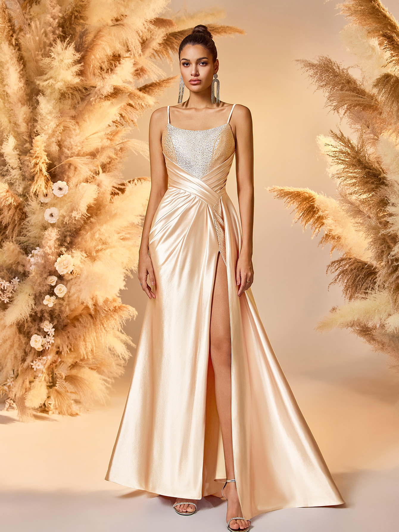 Modecrush A Line Spaghetti Ruched Prom Evening Dress Bateau Neck Beading Party Dress