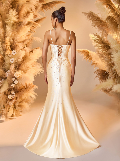 Modecrush Low-Back Embroidered Mermaid Gown Amber Gold Sequin Evening Dress with High Slit for Award Ceremonies, Galas & Luxury Events