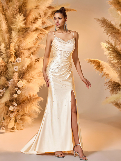 Modecrush Low-Back Embroidered Mermaid Gown Amber Gold Sequin Evening Dress with High Slit for Award Ceremonies, Galas & Luxury Events