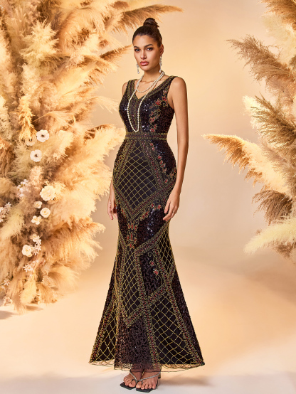 Modecrush Deep Purple Plain Weave Wedding Guest Dress Women - Elegant Long Sleeve Bodycon Evening Gown with Sheer Mesh Panel Skirt, Sparkling Formal Party Dress