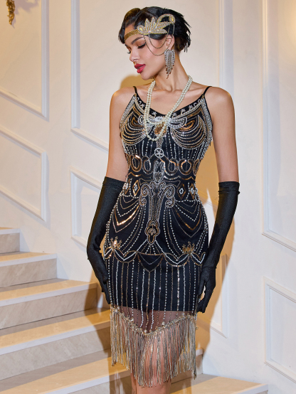 Modecrush Women's Vintage Gatsby Ball Dress, Beaded Sequins Tassel Elegant Sexy Flapper Gown