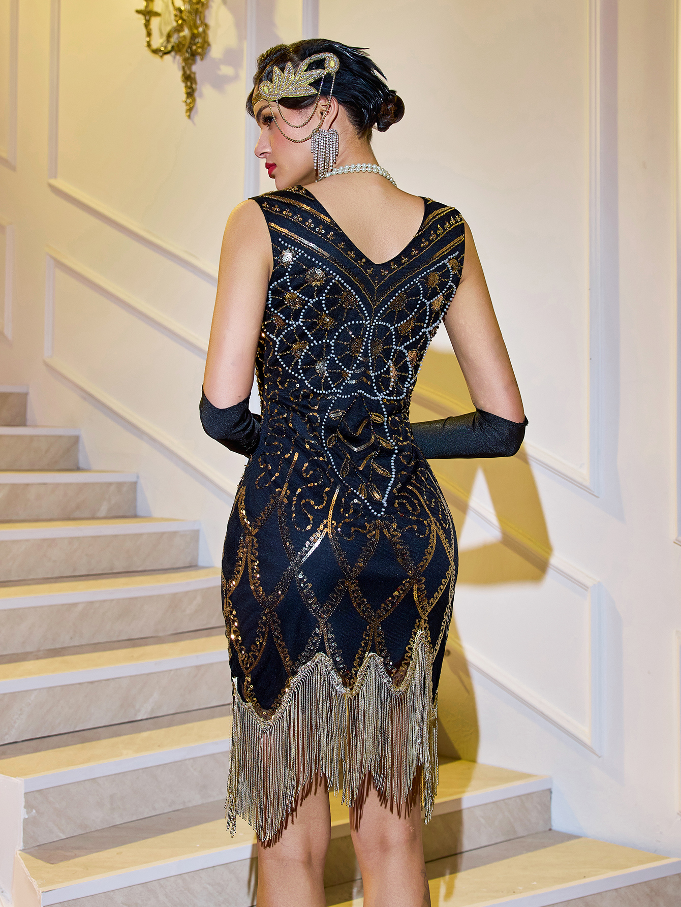 Modecrush Flapper Fringe Dress Sequins and Beads Fishtail Pattern Short 1920s Gatsby V Neck Holiday Party Women's Outfit