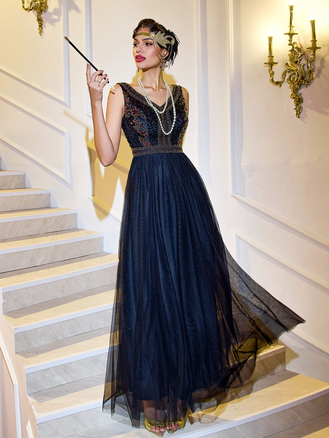 Modecrush 1920s Vintage Long Gown for Women, Elegant V-neck Beaded Mesh Party Prom Dress, For Graduation, Evening Dress