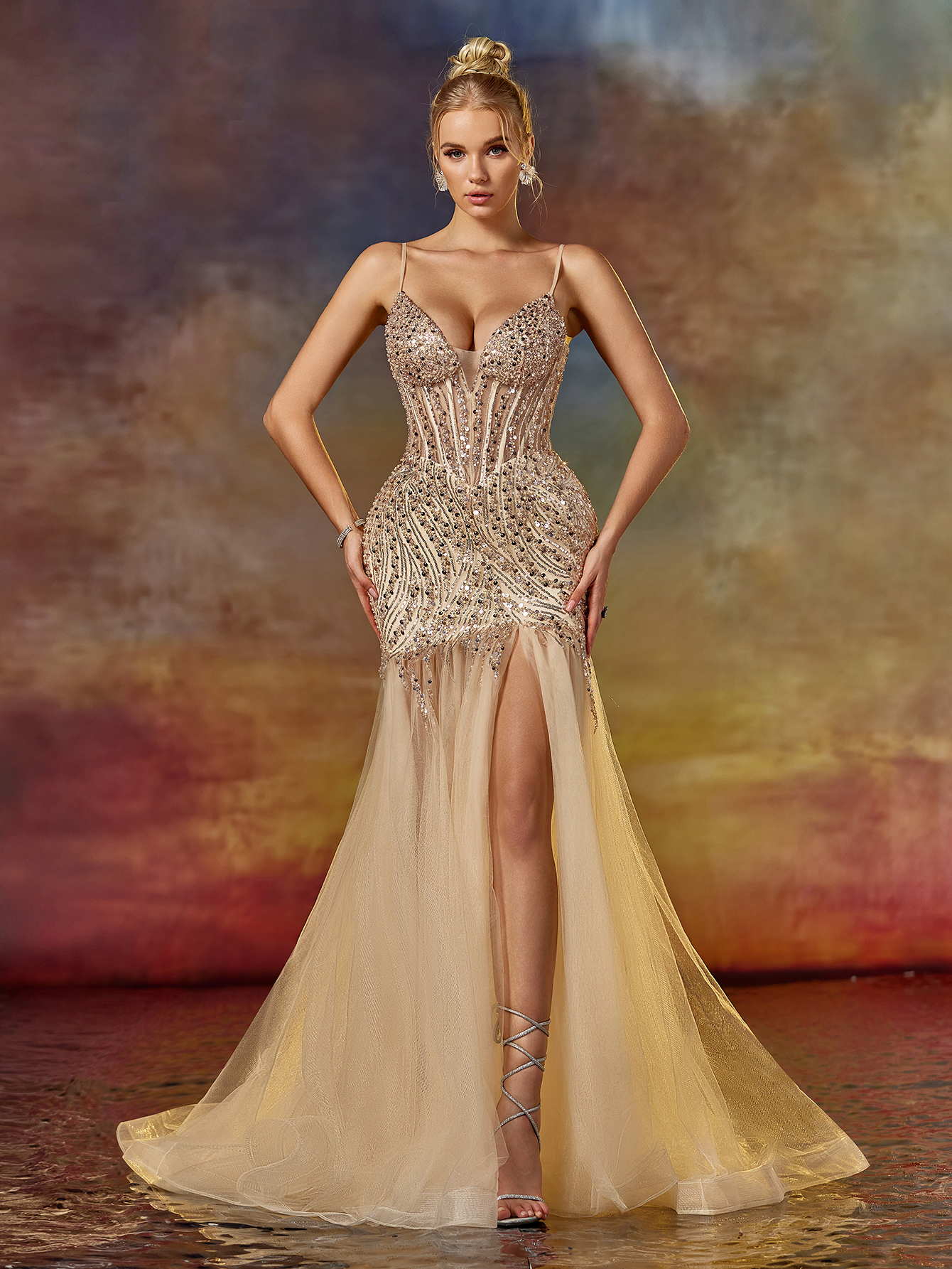 Modecrush Deep V Neck Spaghetti Mermaid Prom Dress