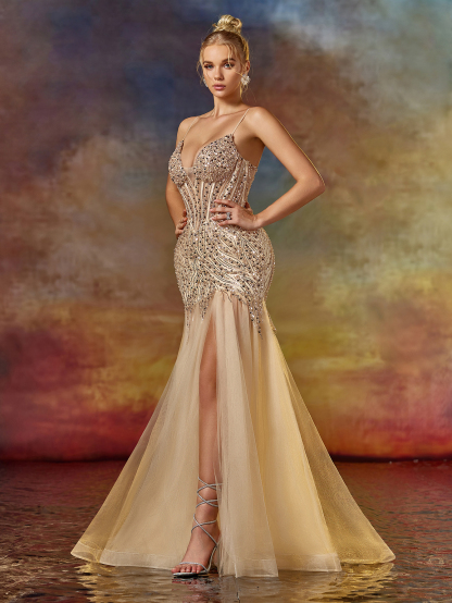 Modecrush Deep V Neck Spaghetti Mermaid Prom Dress