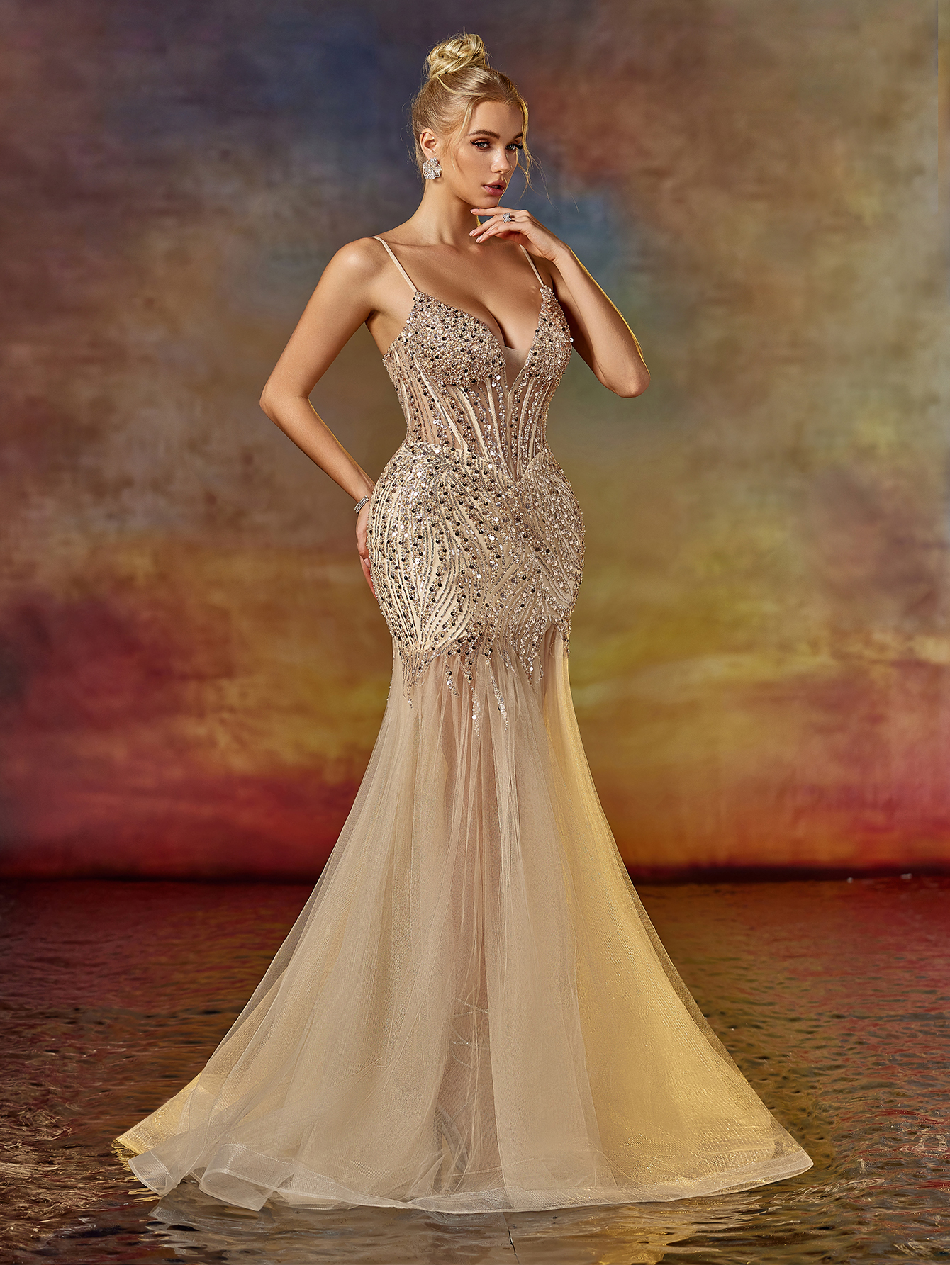 Modecrush Deep V Neck Spaghetti Mermaid Prom Dress