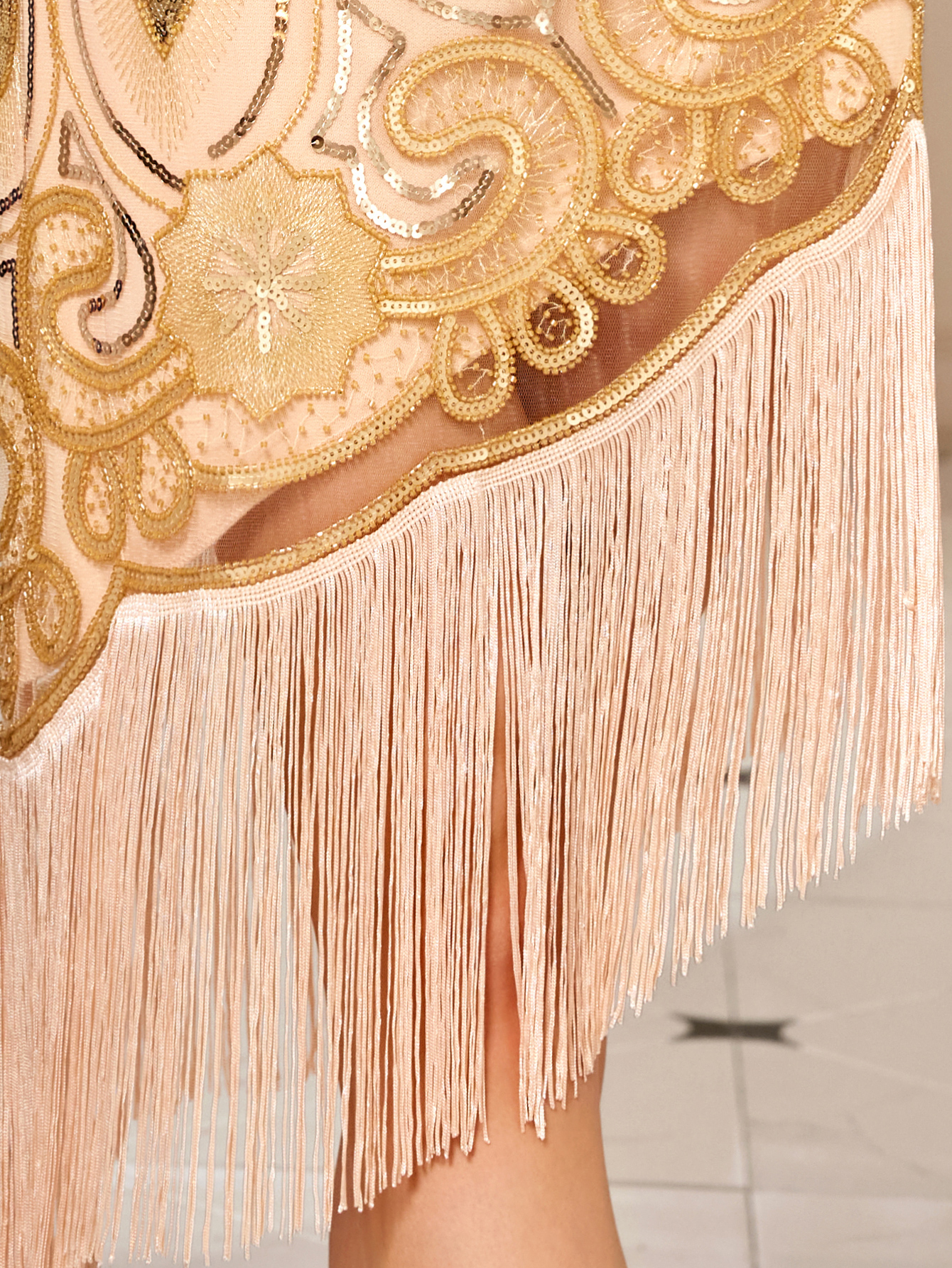 1920s Gatsby Champagne Dress for Cocktail Party, Beaded and Embellished Retro Style Party Gown, Irregular Tassel Hem