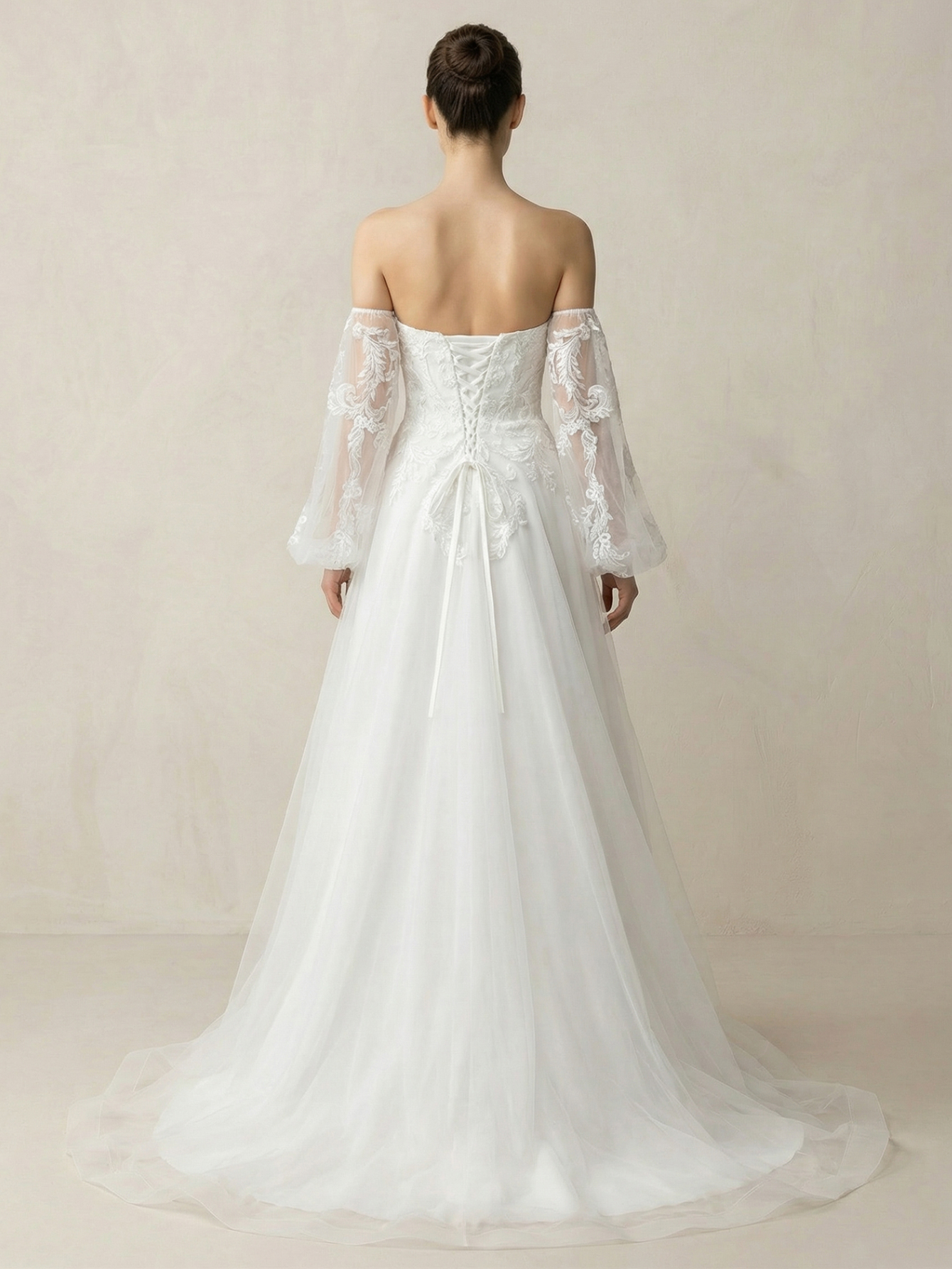 Leely Off Shoulder Bishop Sleeve A Line Beaded Embroidery Tulle Wedding Dresses