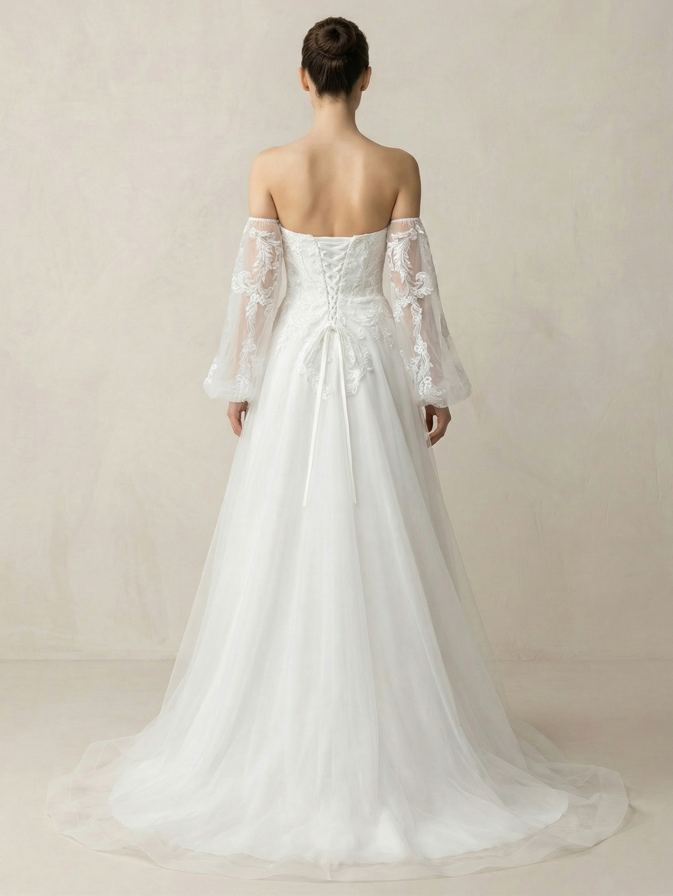 Leely Off Shoulder Bishop Sleeve A Line Beaded Embroidery Tulle Wedding Dresses