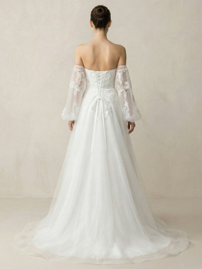 Leely Off Shoulder Bishop Sleeve A Line Beaded Embroidery Tulle Wedding Dresses