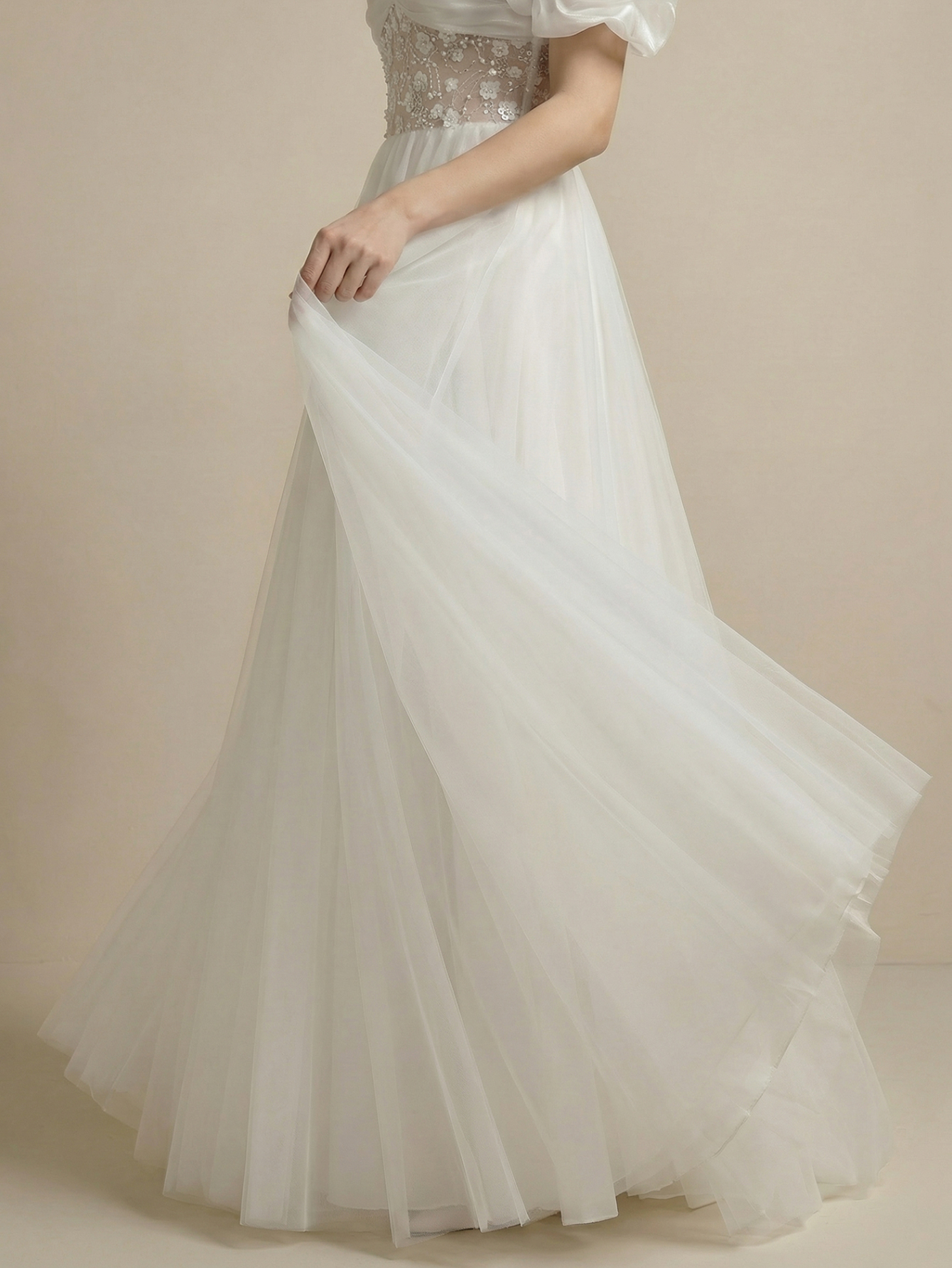 Leely Off Shoulder Puff Sleeve A Line Beaded Embroidery Tulle Wedding Dresses