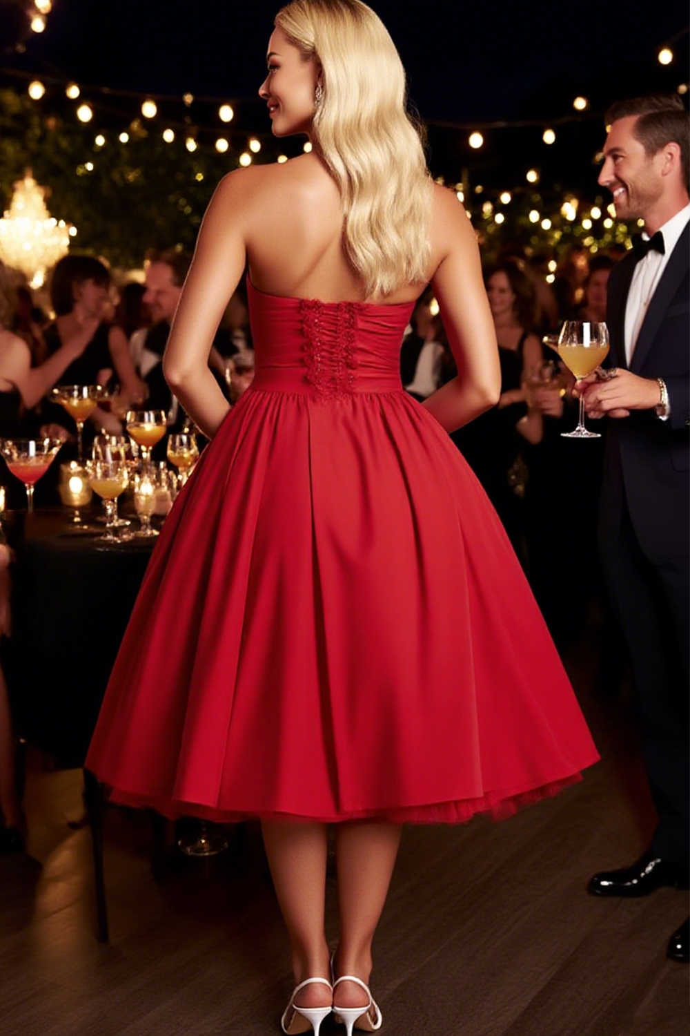Modecrush Red A-Line Halter Lace-Up Long Formal & Vacation Organza Dress